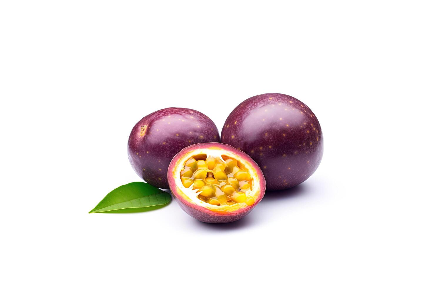 Frais entier et tranché violet passion des fruits isolé sur blanc Contexte. ai généré photo