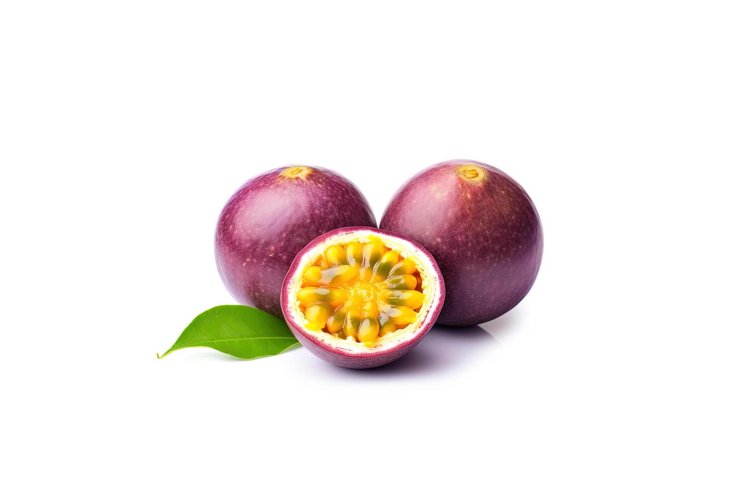 Frais entier et tranché violet passion des fruits isolé sur blanc Contexte. ai généré photo