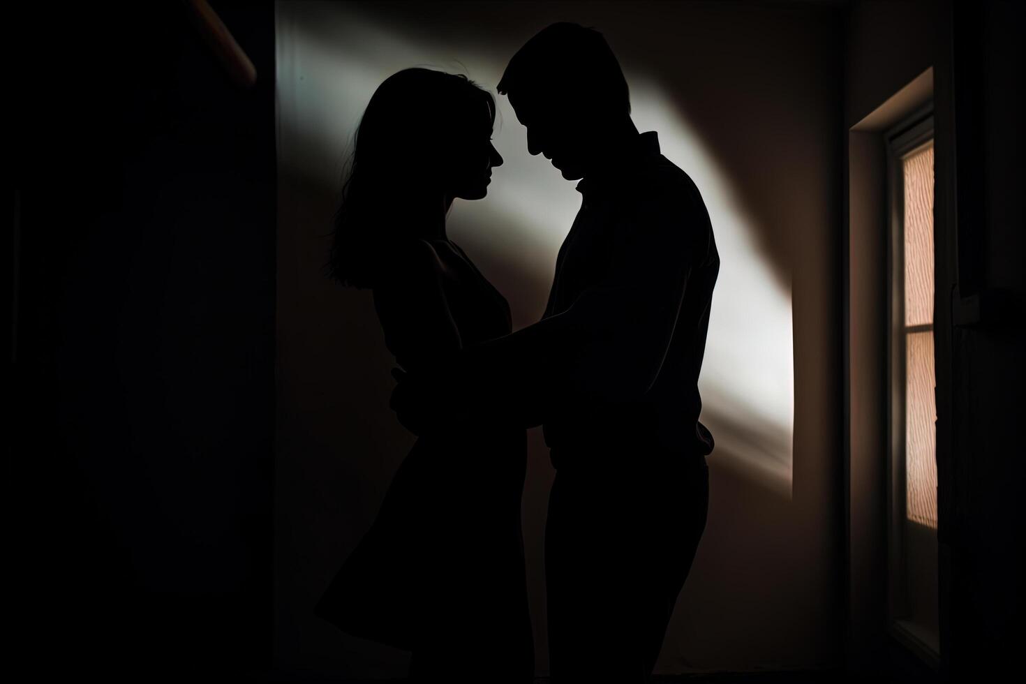 silhouette de une romantique couple dansant et profiter dans le sombre. ai généré photo