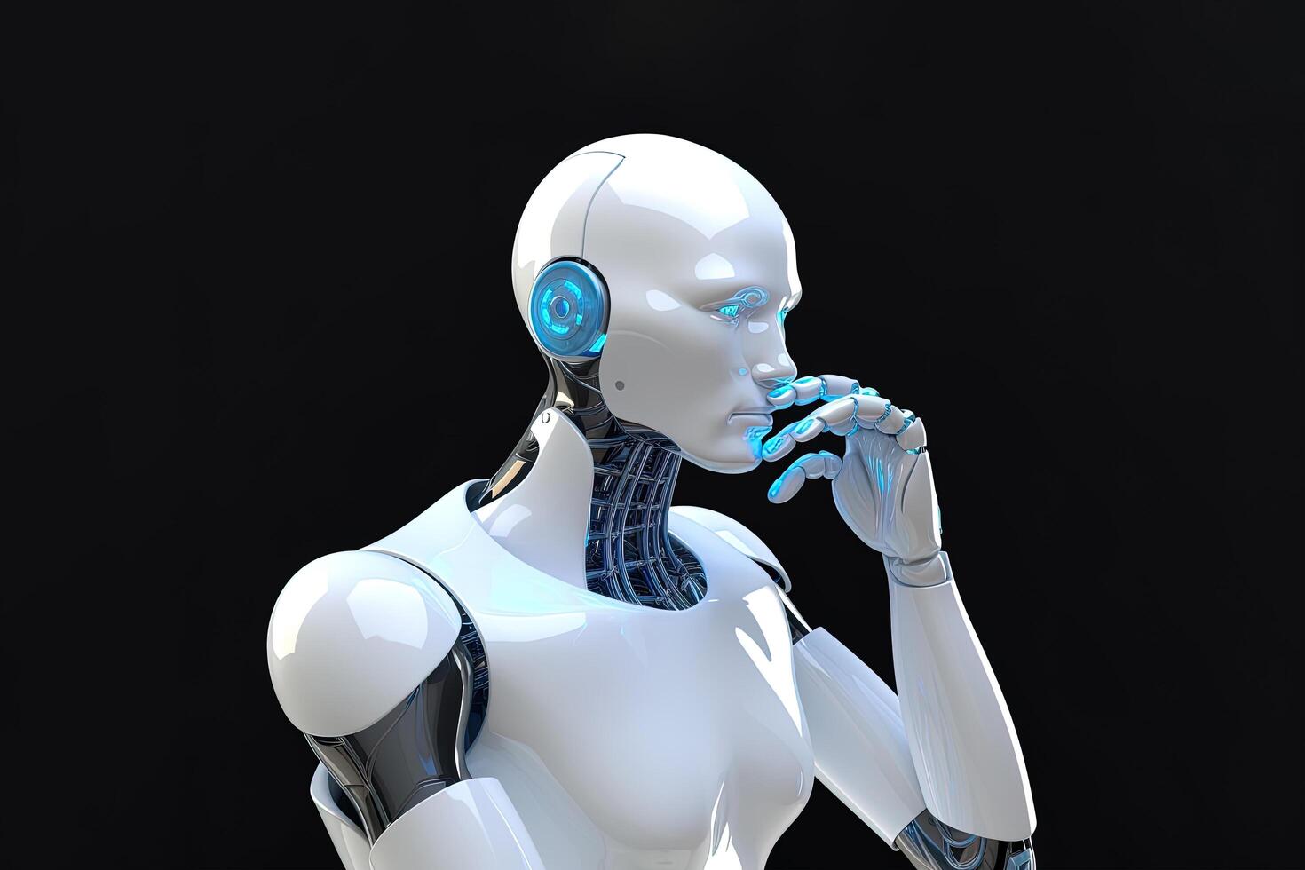 blanc humanoïde robot en pensant et émouvant le sien diriger. ai généré photo