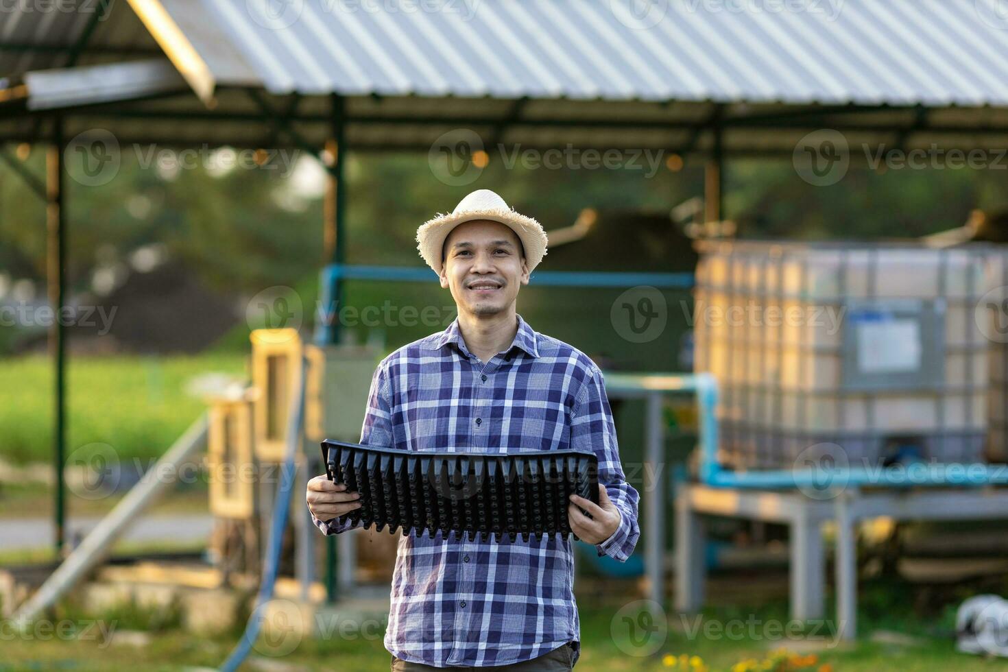 portrait de asiatique agriculteur en portant semis plateau dans le sien organiques permaculture approche jardin à grandir le sien posséder nourriture et légume dans le campagne photo