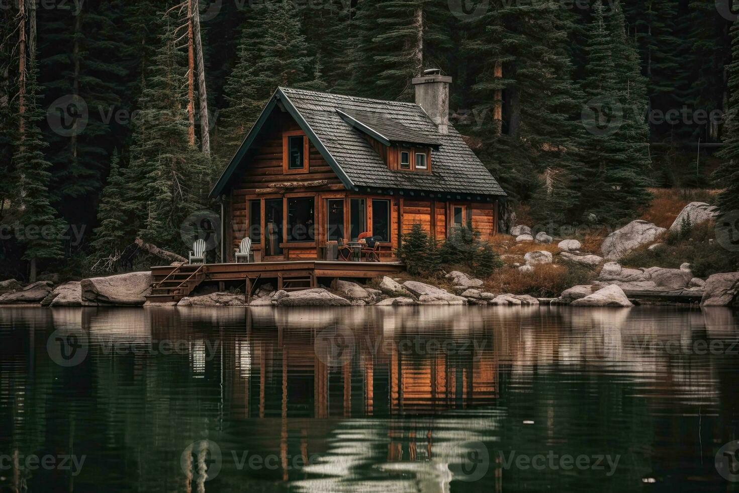 vieux en bois maison sur le Lac dans le milieu de le forêt photo