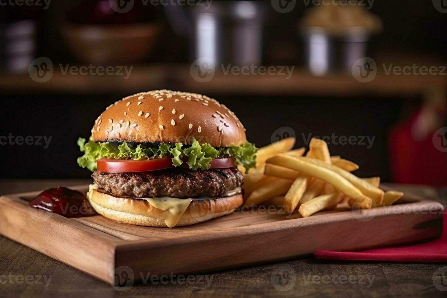 fromage Burger - américain fromage Burger avec d'or français frites sur en bois Contexte photo