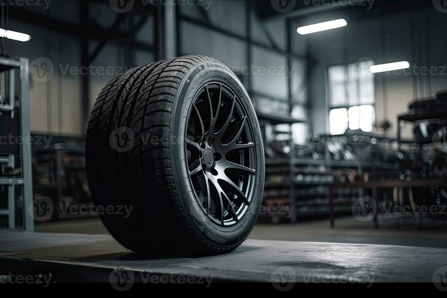 mécanicien un service est en changeant Nouveau pneus et roues. sur le garage Contexte photo