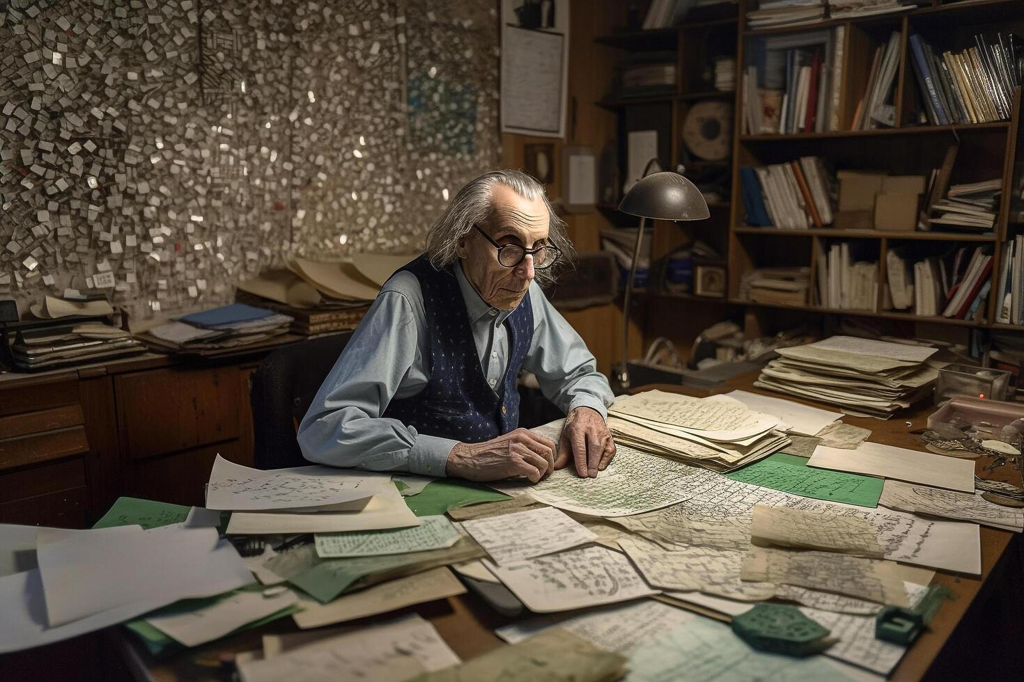 Sénior homme travail à le sien bureau dans le sien Accueil bureau, l'écriture Remarques. ai généré photo