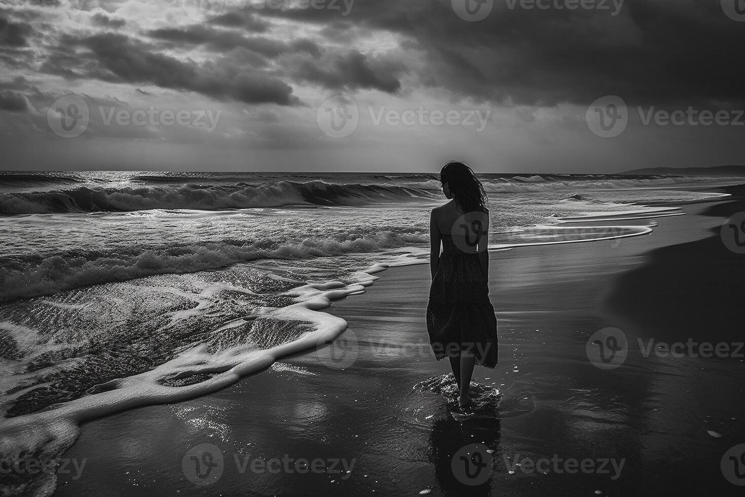fille sur le plage à le coucher du soleil. noir et blanc photo de une fille dans une robe sur le plage. ai généré