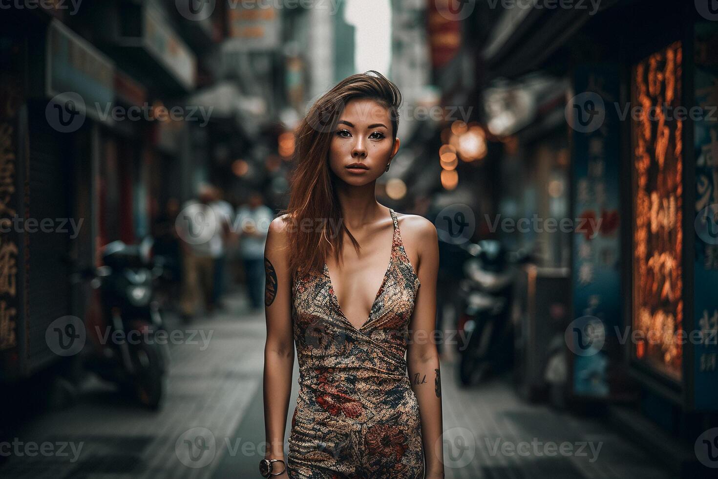 une femme des stands dans une rue dans shanghaï. ai généré photo