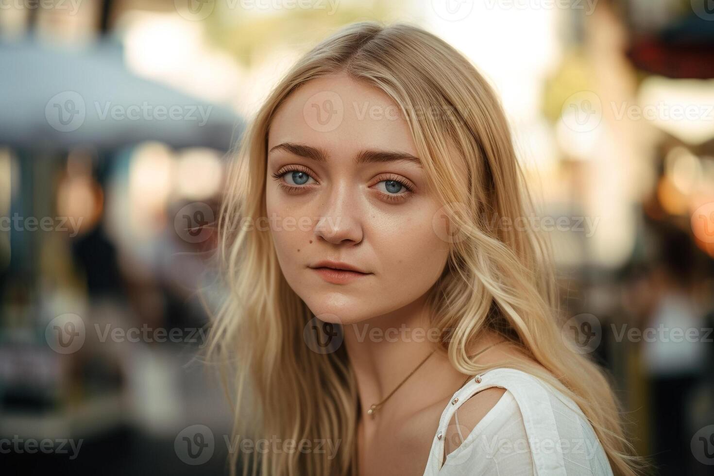 une femme avec blond cheveux et une blanc Haut des stands dans une rue.. ai généré photo