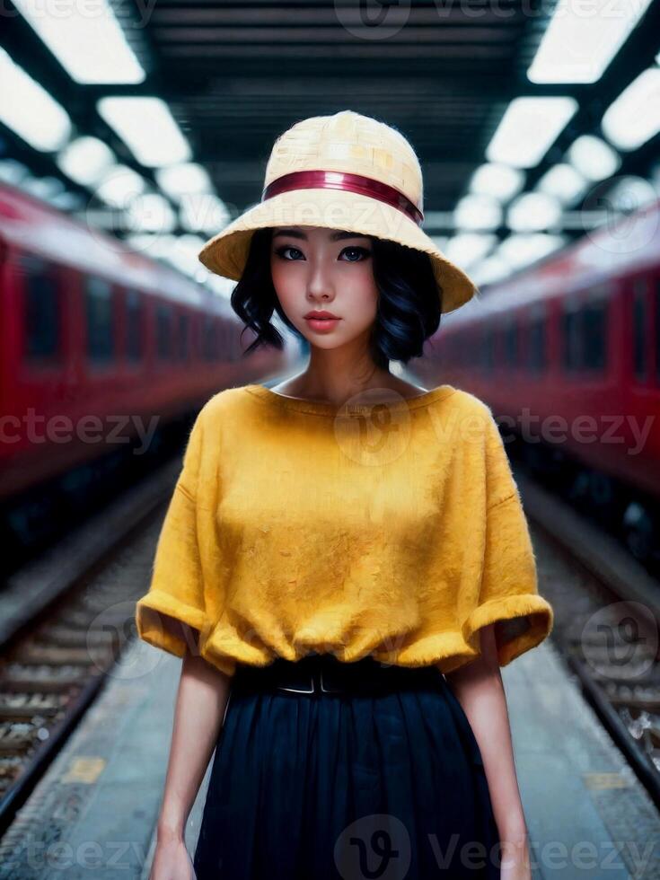 magnifique asiatique femme à salut la vitesse train gare, génératif ai photo