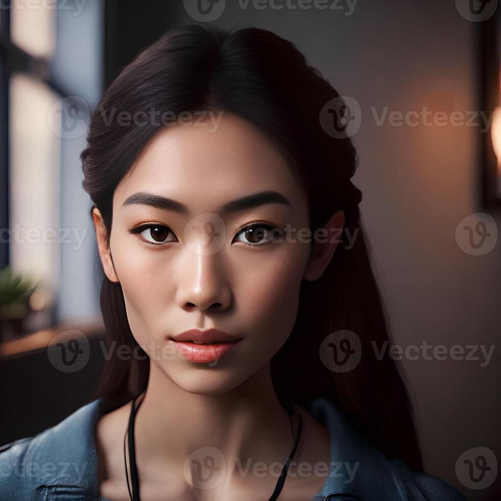 magnifique asiatique femme à le appartement, génératif art par ai photo