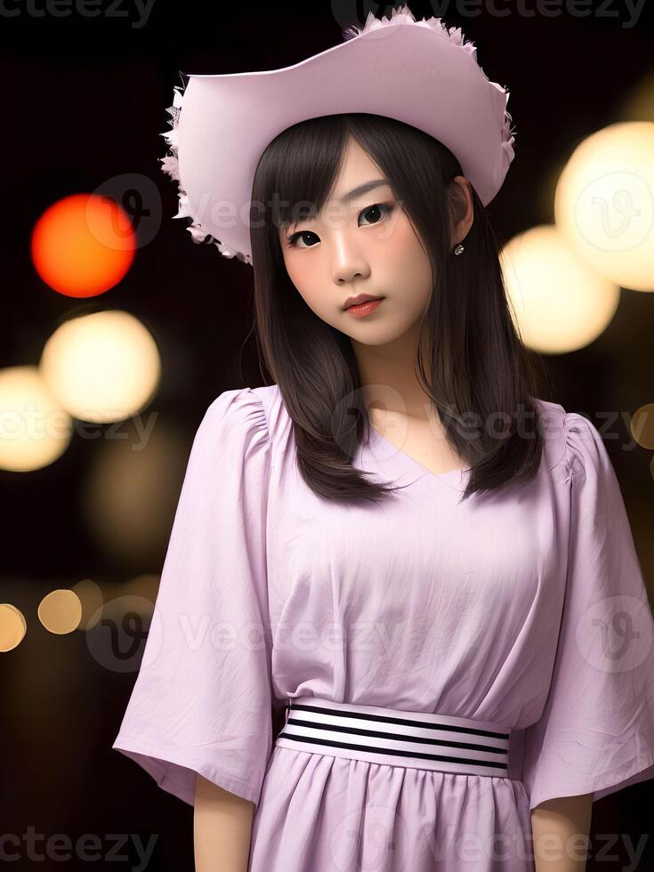 magnifique adolescent asiatique femme à le rue nuit, génératif art par ai photo