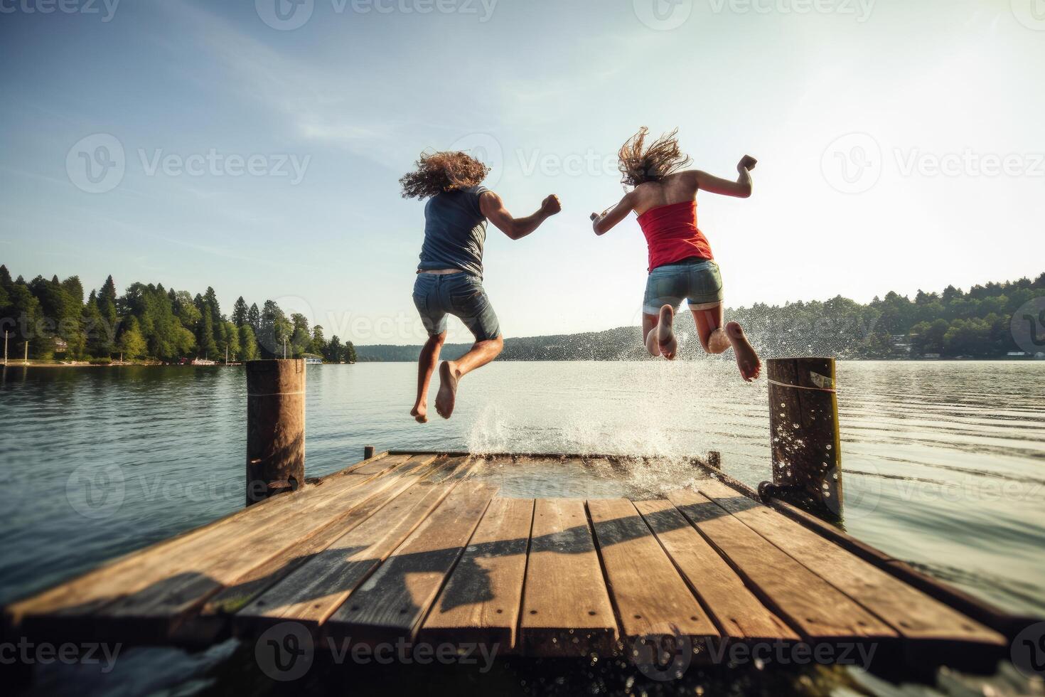 Jeune couple sauter de Dock dans le l'eau. génératif ai photo