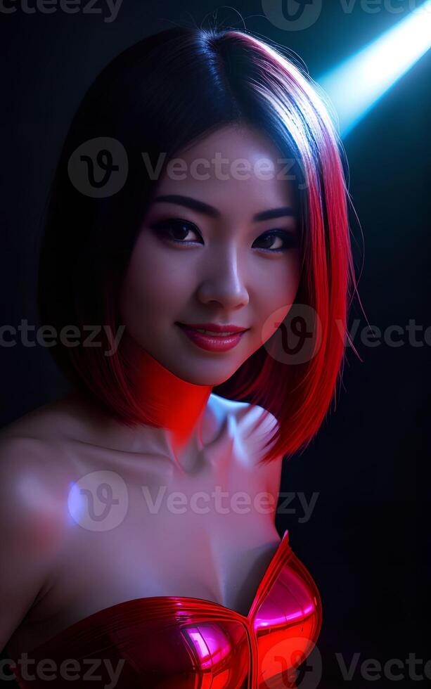 magnifique asiatique femme avec mixte Couleur bleu et rouge lumière, génératif ai photo