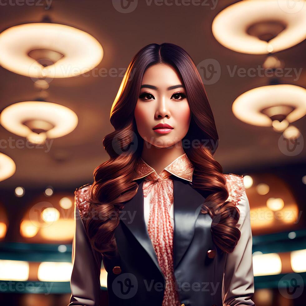 magnifique asiatique femme à le nuit faire la fête, génératif art par ai photo