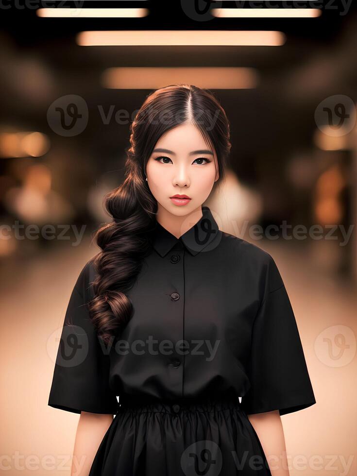 magnifique adolescent asiatique femme à le centre commercial, génératif art par ai photo
