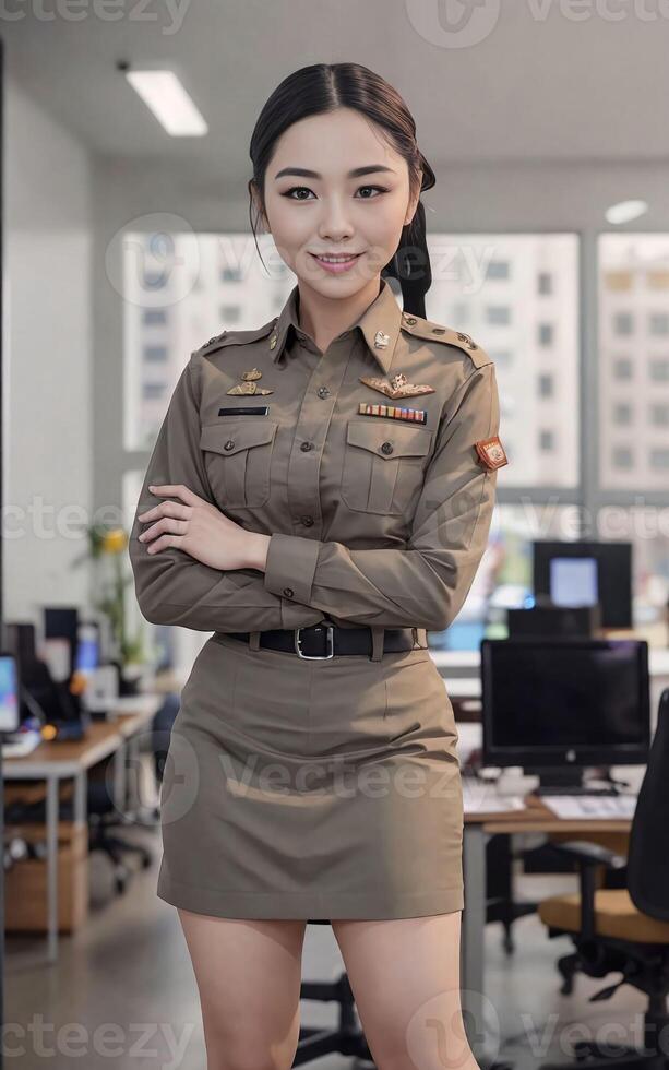 portrait de magnifique thaïlandais asiatique police femme portant uniforme, génératif ai photo