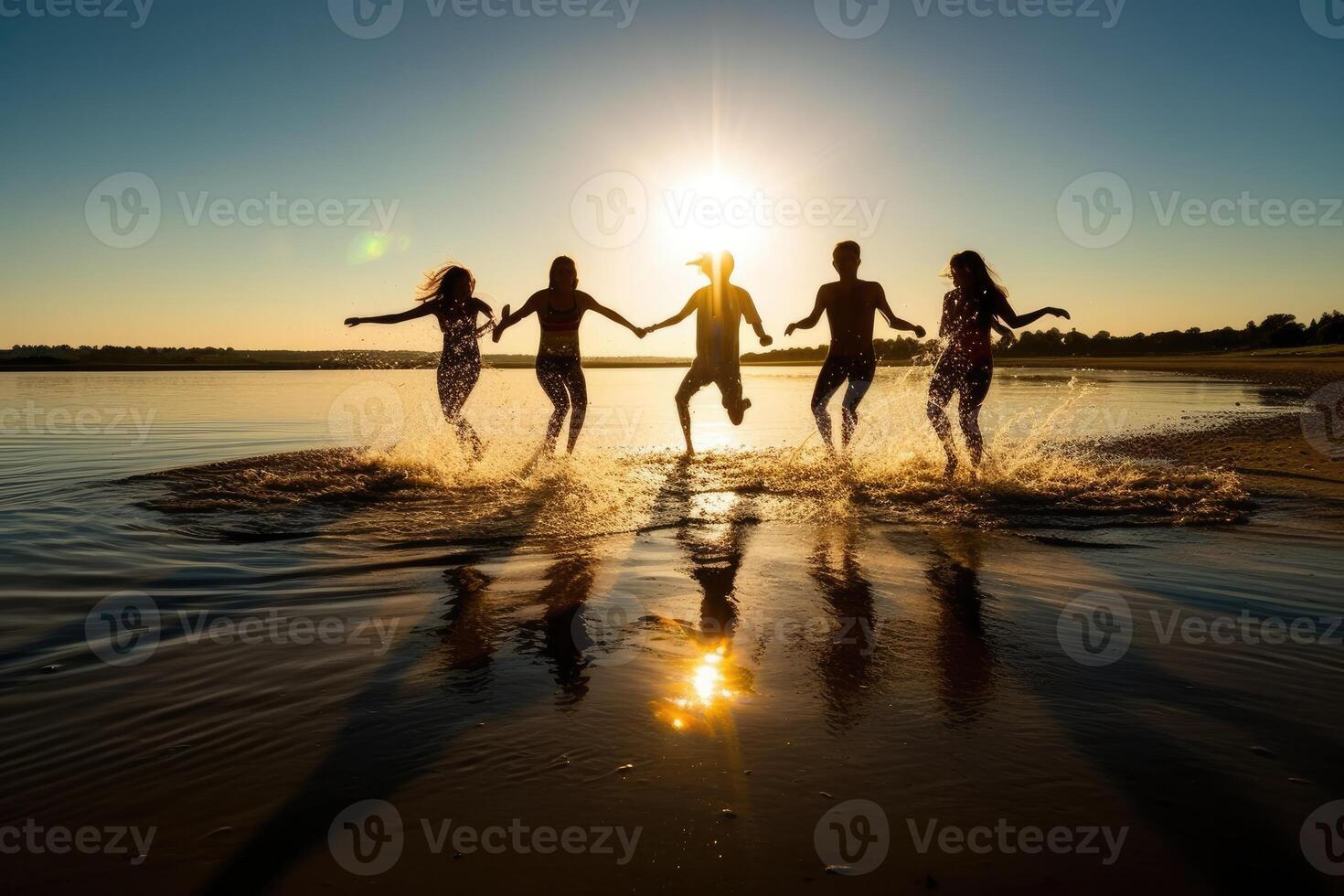 Jeune groupe de gens sauter dans le air à plage. génératif ai photo