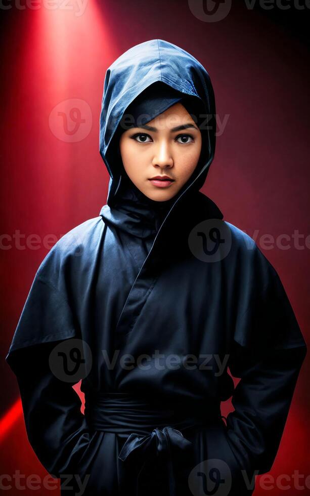 femme dans noir ninja costume à foncé chambre, génératif ai photo