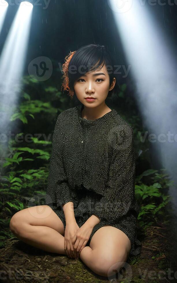 asiatique femme dans foncé effrayant Profond forêt , génératif ai photo