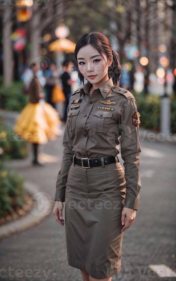 magnifique asiatique Thaïlande police femme à rue, génératif ai photo