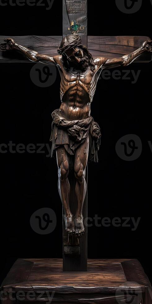 en bois crucifix, avec détail de Jésus Christ sur bois sculpture sur noir Contexte. fond d'écran. ai généré photo