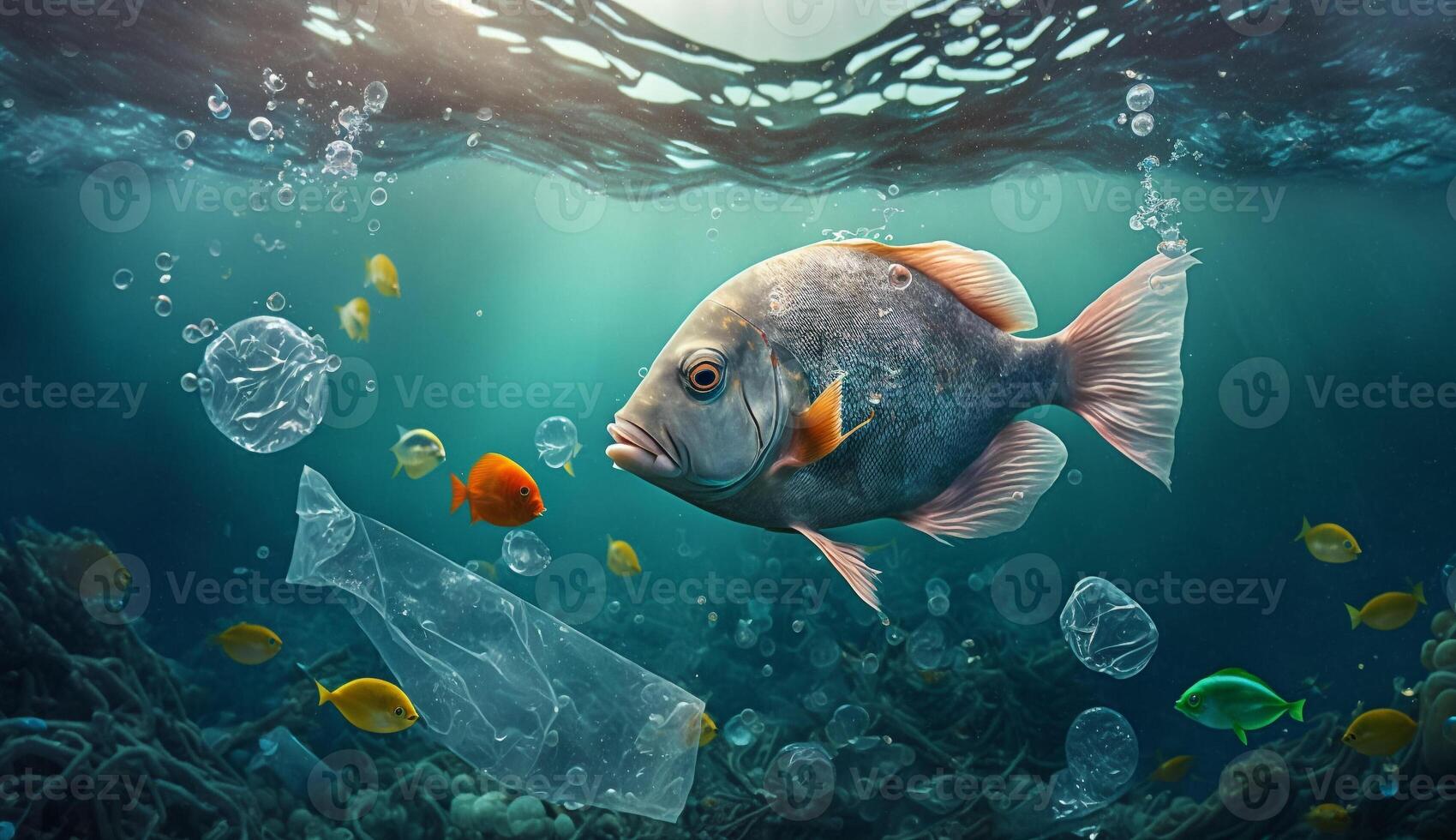 poisson dans une Plastique sac. ai généré photo