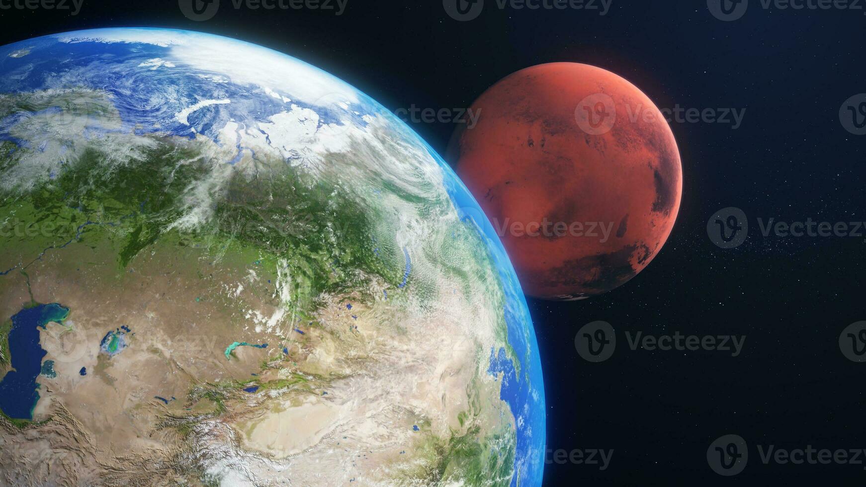 3d rendre proche en haut Terre planète et spectacle en haut le Mars rouge planète sur galaxie espace 3d illustration Contexte photo