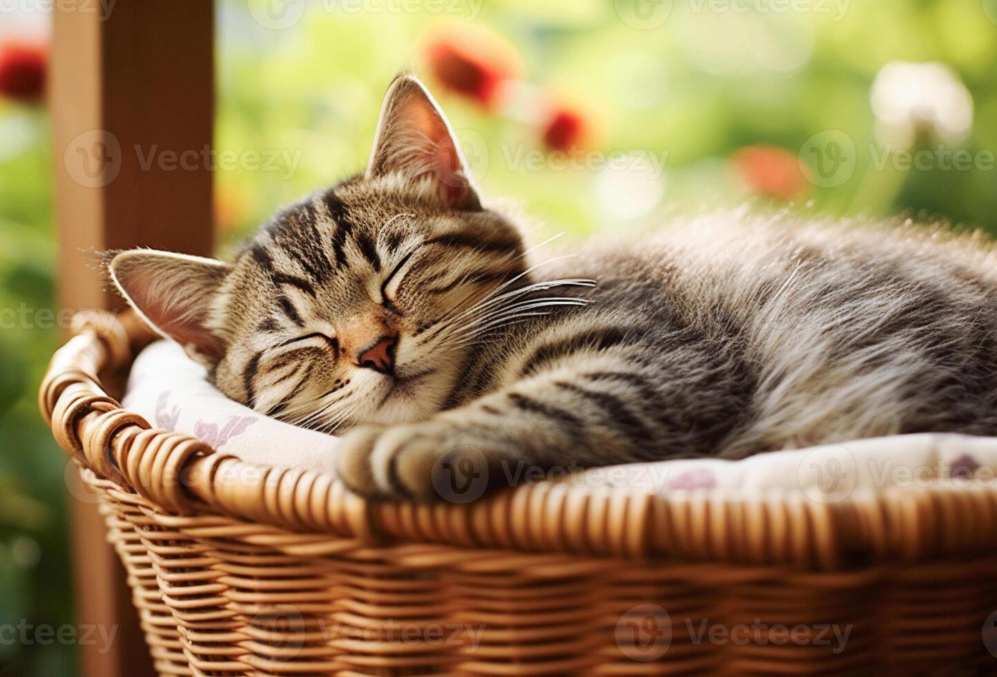 ai génératif. mignonne tigré chaton en train de dormir dans une panier photo