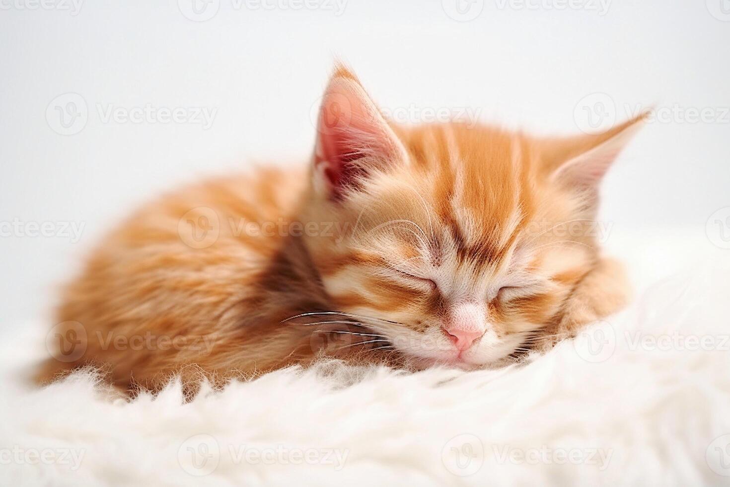 ai génératif. mignonne rouge chaton dort sur blanc couverture photo