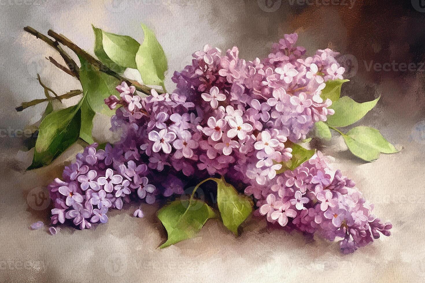 bouquet de violet lilas sur une en bois tableau, encore vie, aquarelle La peinture sur texturé papier. numérique aquarelle peinture. génératif ai photo