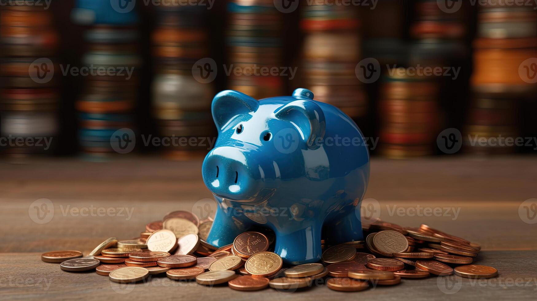 une mignonne bleu porcin banque alentours Etats-Unis d'or pièces de monnaie avec ancien pot à l'intérieur brillant chambre. Trésor ou économie argent pour sécurise avenir. génératif ai. photo