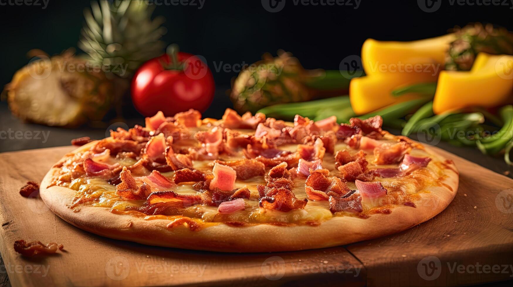 entier délicieux Pizza avec ananas, Bacon tranche, mozzarella fromage, sauce sur en bois Contexte pour vite nourriture et prêt à manger concept. génératif ai. photo