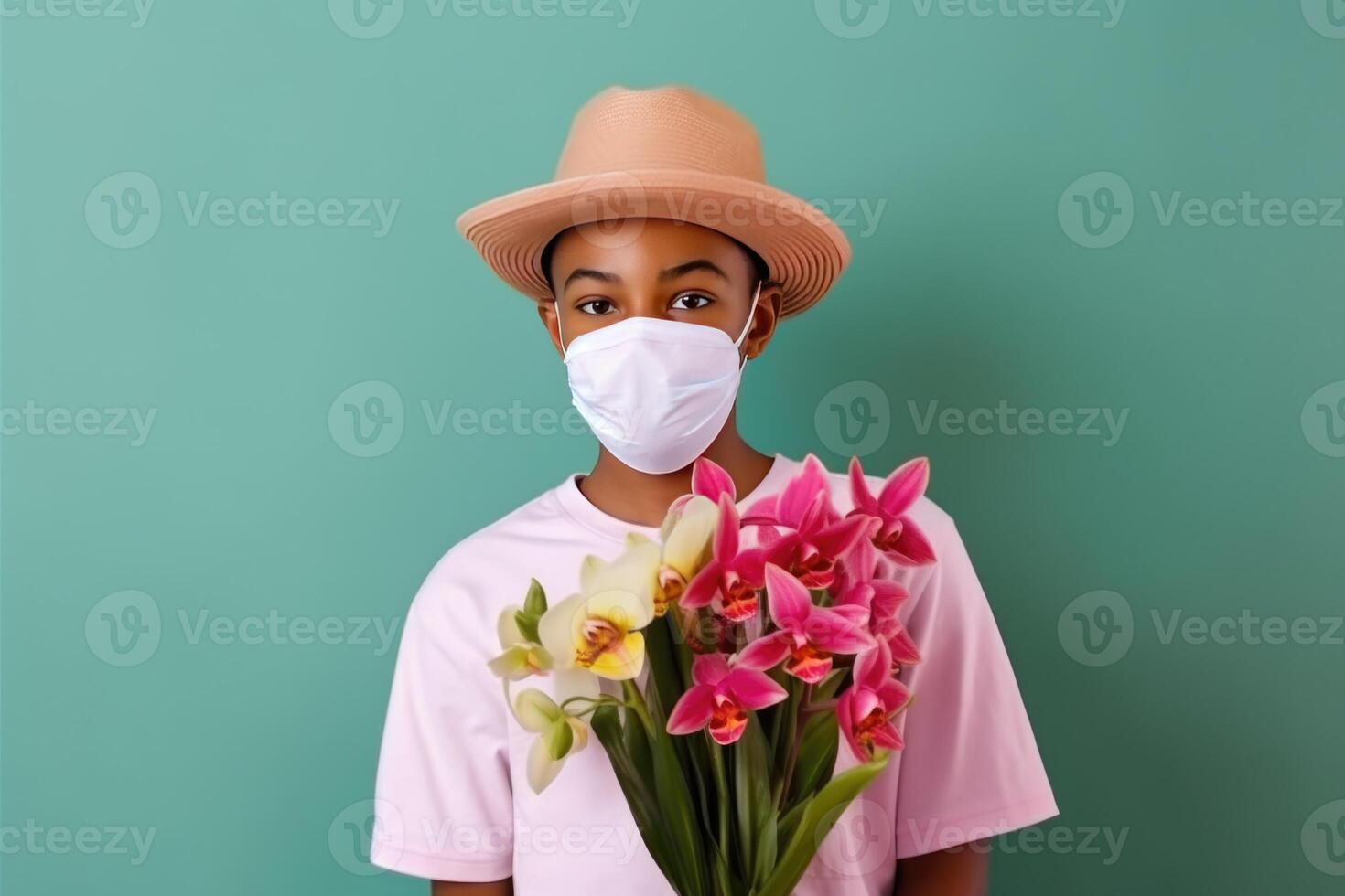 fermer portrait de africain adolescent garçon dans protecteur masque, chapeau et en portant magnifique bouquet. génératif ai. photo