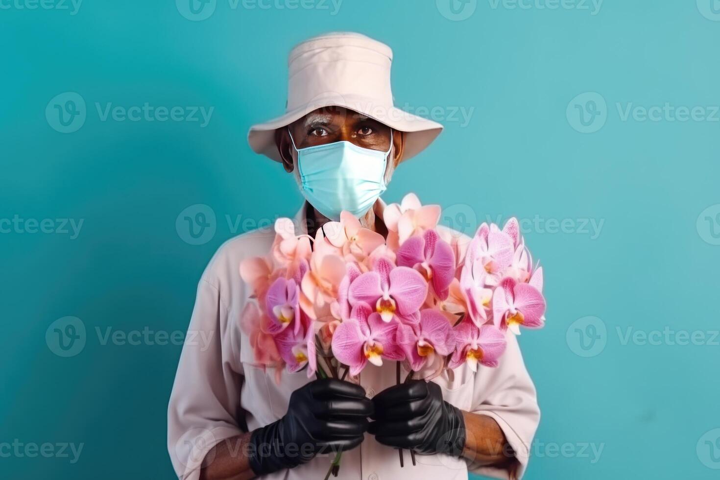 tondu image de personnes âgées Indien Masculin fleuriste portant masque, chapeau et en portant orchidée fleurs. génératif ai. photo