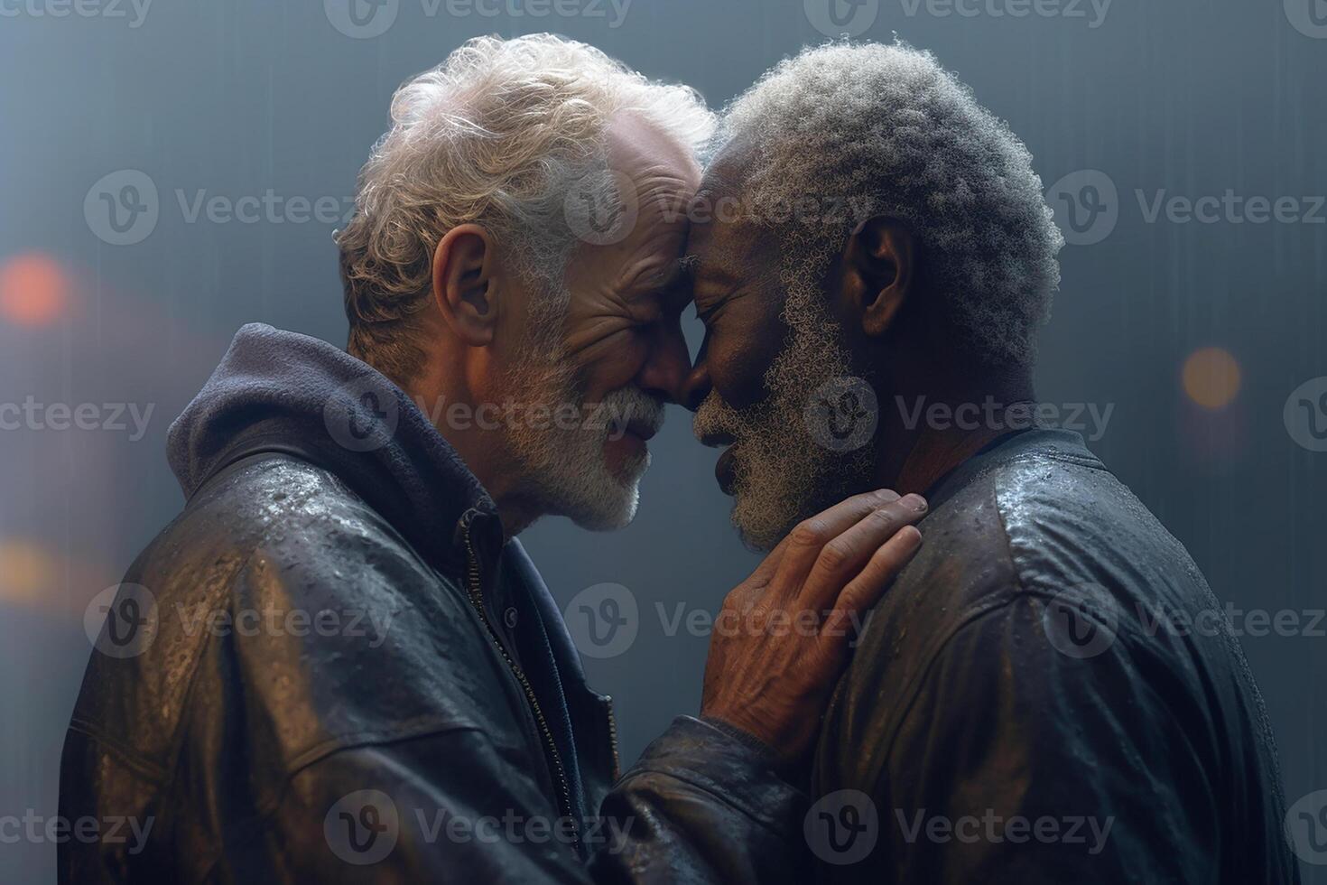 deux content plus âgée Hommes étreindre chaque autre, un noir, le autre caucasien, gay, lgbt. génératif ai photo