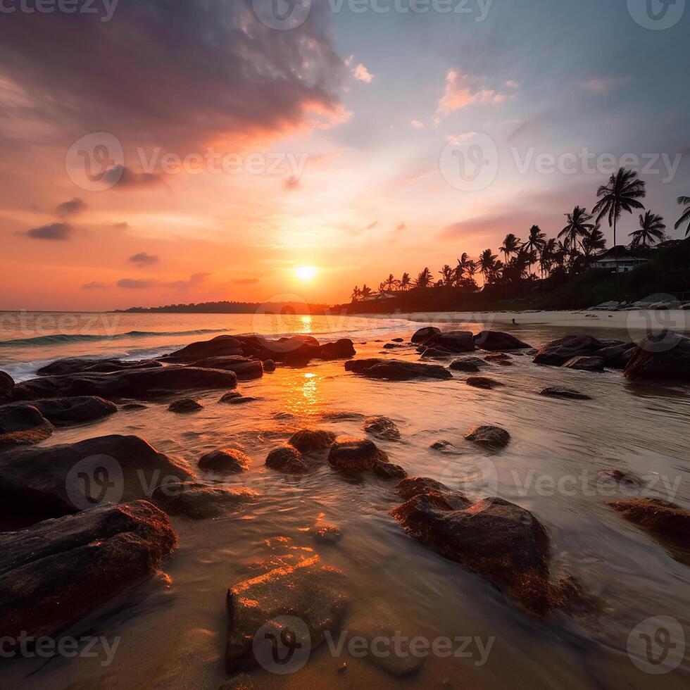une brillant coloré le coucher du soleil sur le côte de une tropical île. paysage. génératif ai photo