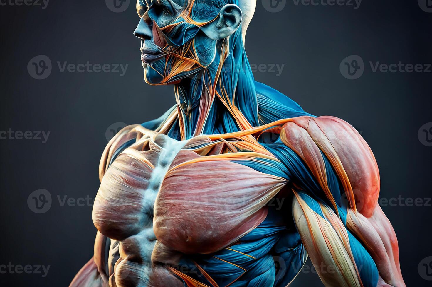 anatomie, Humain muscles sur une foncé Contexte. génératif ai photo