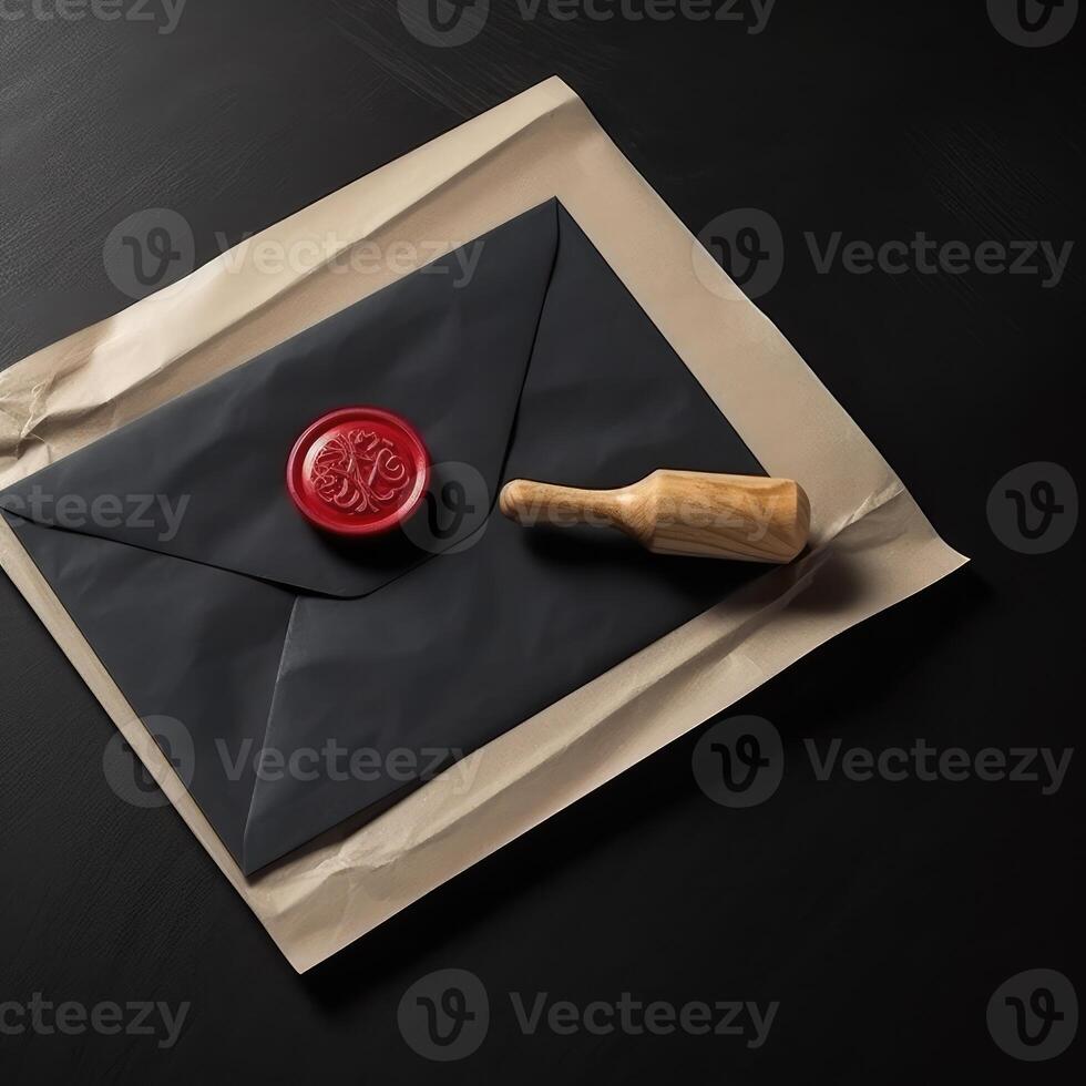 aérien vue de rouge la cire scellé vieux lettre enveloppe avec timbre sur noir bureau. génératif ai. photo