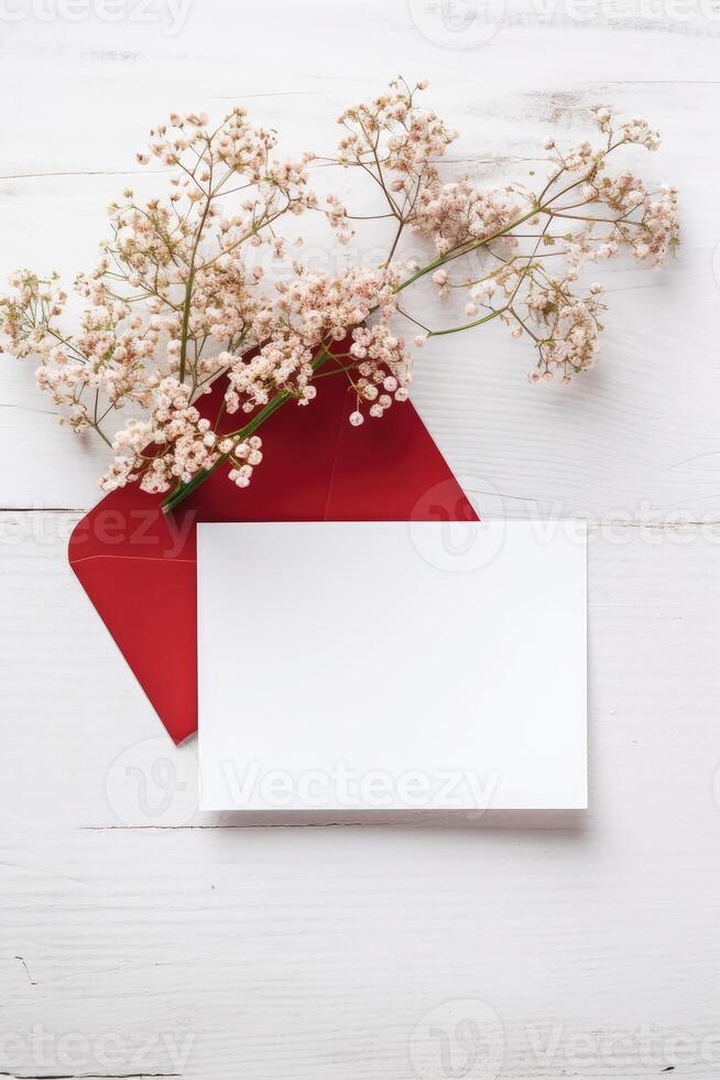 salutation carte maquette et gypsophile fleur branche sur blanc en bois table Haut. génératif ai. photo