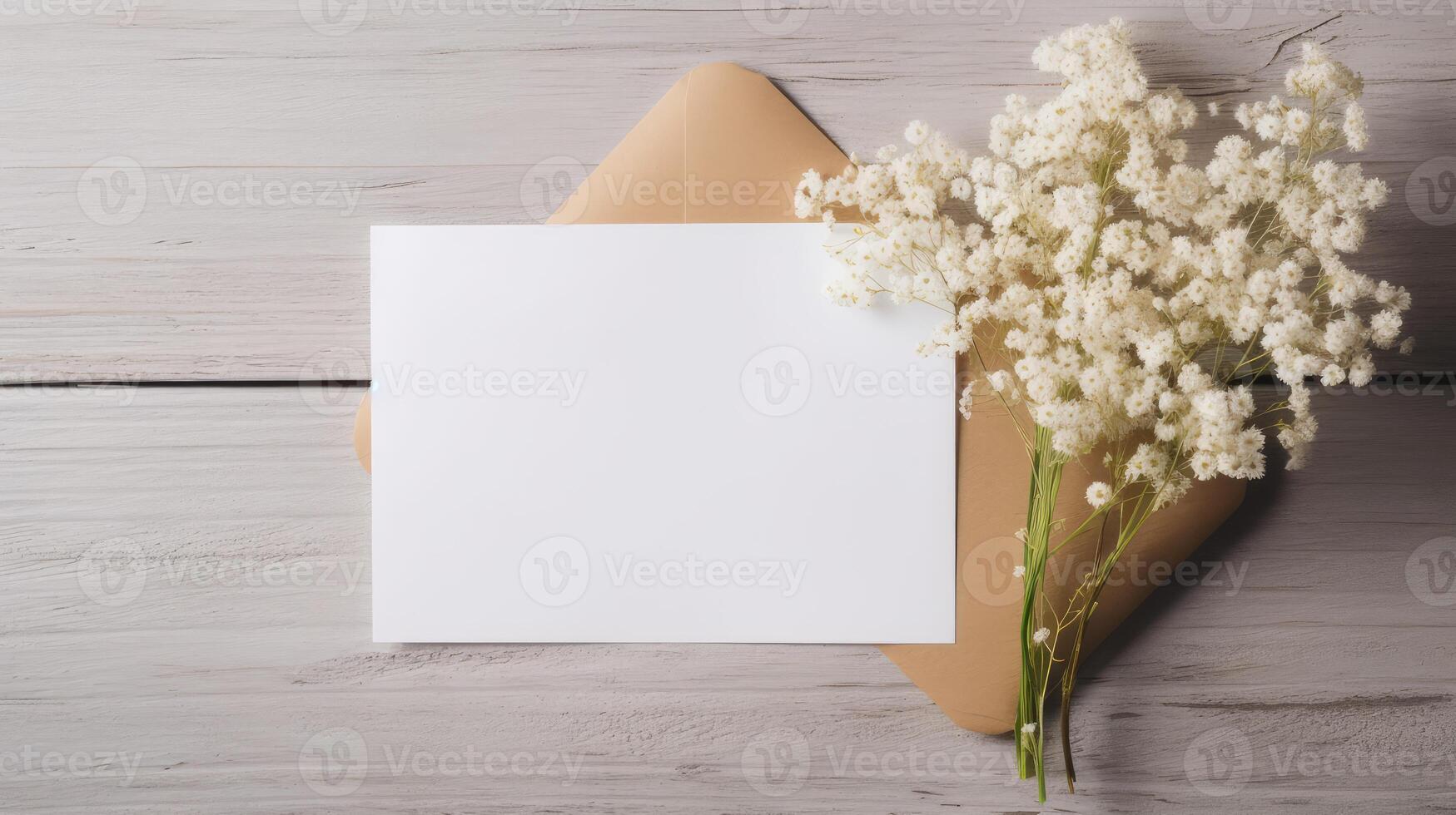 Vide blanc papier carte, enveloppe maquette et minuscule fleurs ou gypsophile branche sur en bois table haut, génératif ai. photo