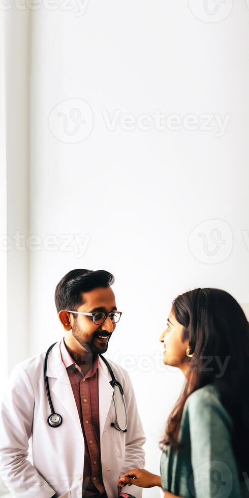 tondu image de Masculin médecin parlant avec femelle patient ou collaborateur dans hôpital, verticale bannière conception. génératif ai. photo