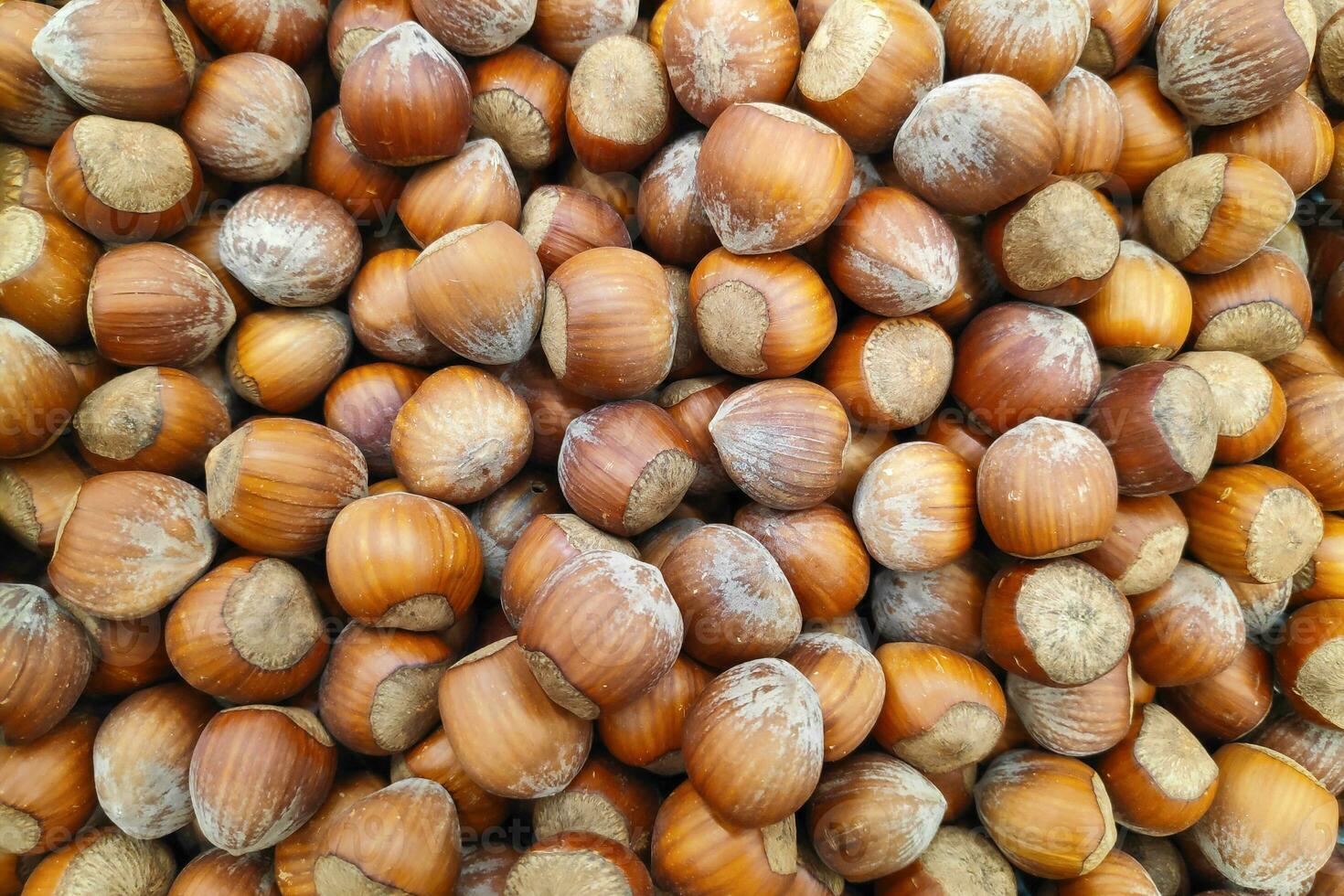 Pile de noisettes sur un étal de marché photo