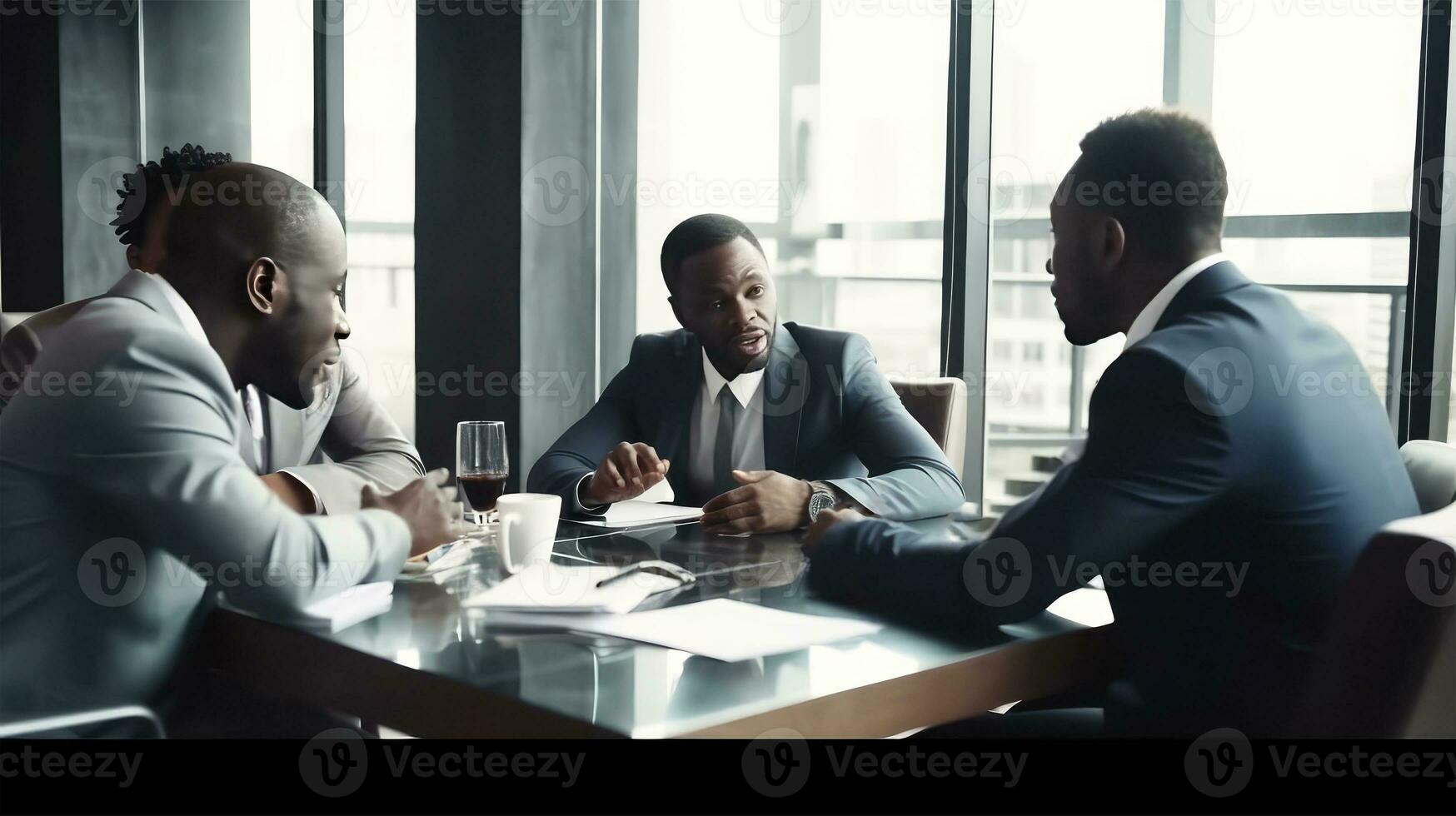 réaliste portrait de Jeune africain affaires collègues discuter formalités administratives dans un Bureau avec boisson verre. génératif ai illustration. photo