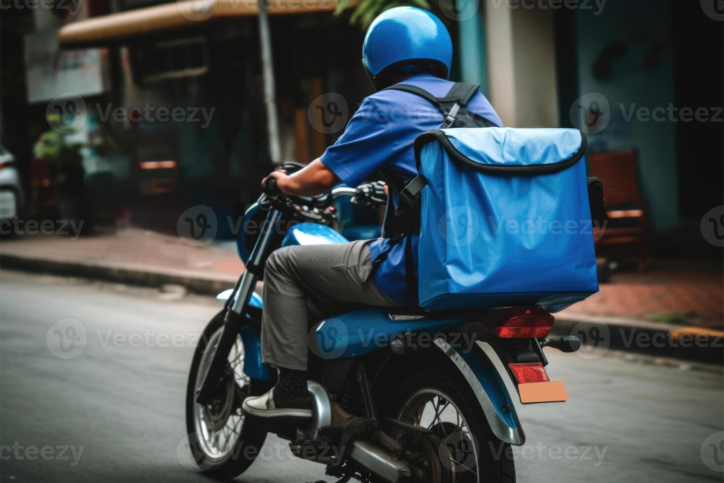 fictif nourriture livraison homme équitation sur bicyclette avec thermique ou courrier sac, Express livraison service. génératif ai. photo