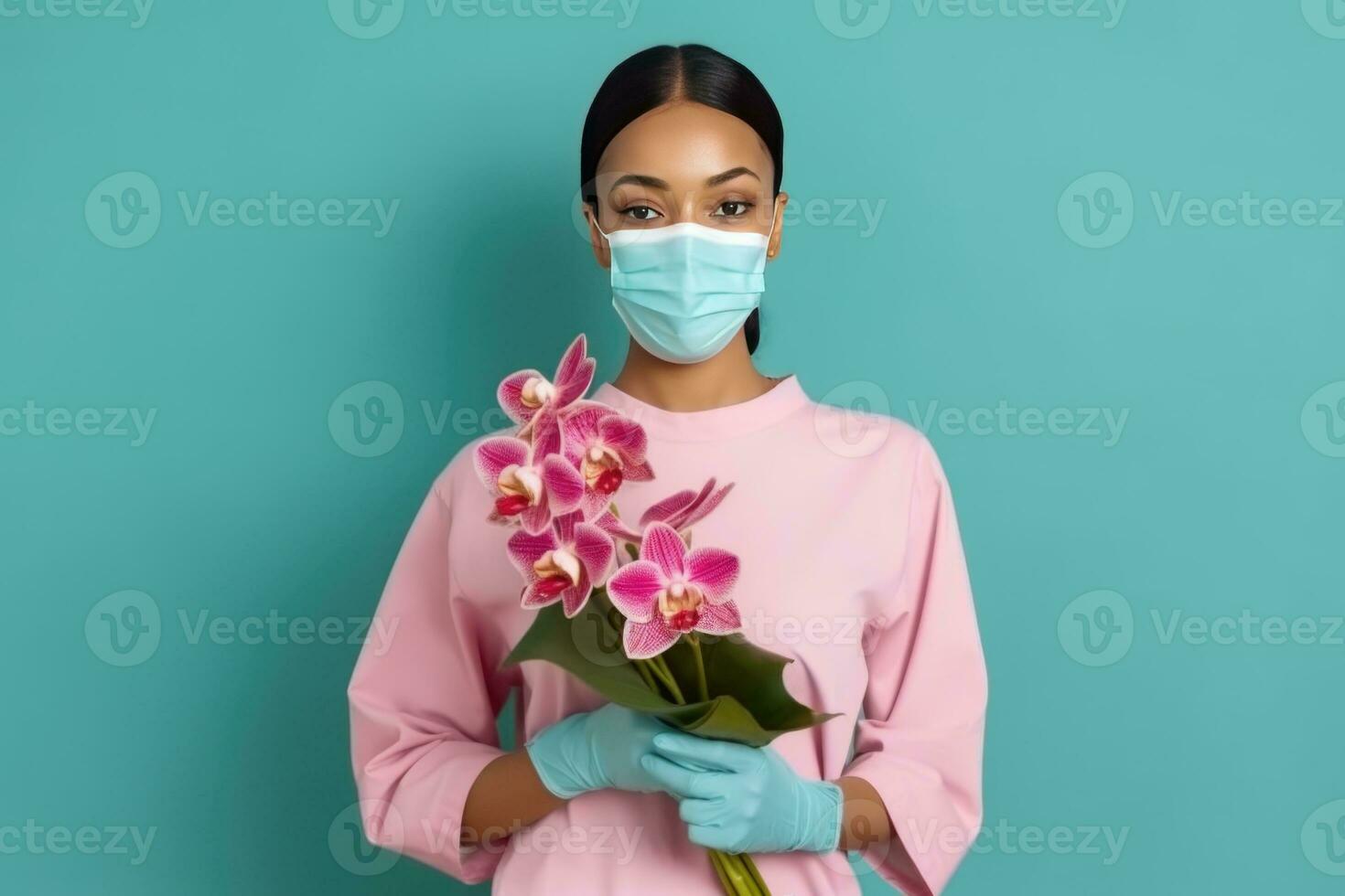 portrait de africain Jeune femme portant masque et en portant magnifique orchidée bouquet, génératif ai. photo