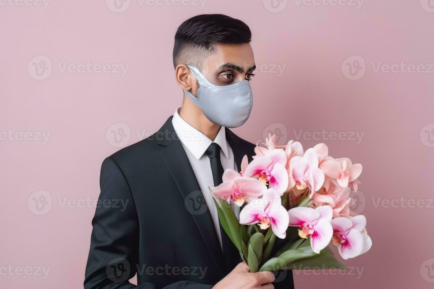 portrait de Indien homme dans formel costume avec masque et en portant orchidée bouquet, génératif ai. photo