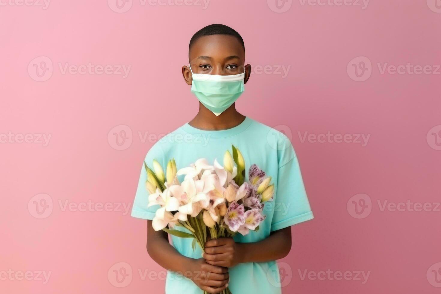 portrait de africain adolescent garçon portant masque et en portant bouquet, génératif ai. photo