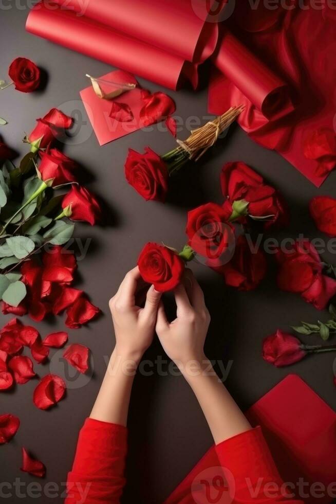 Haut vue fermer de femelle fleuriste en portant rouge des roses, pétales, papier à lieu de travail pour en train de préparer bouquet. génératif ai. photo