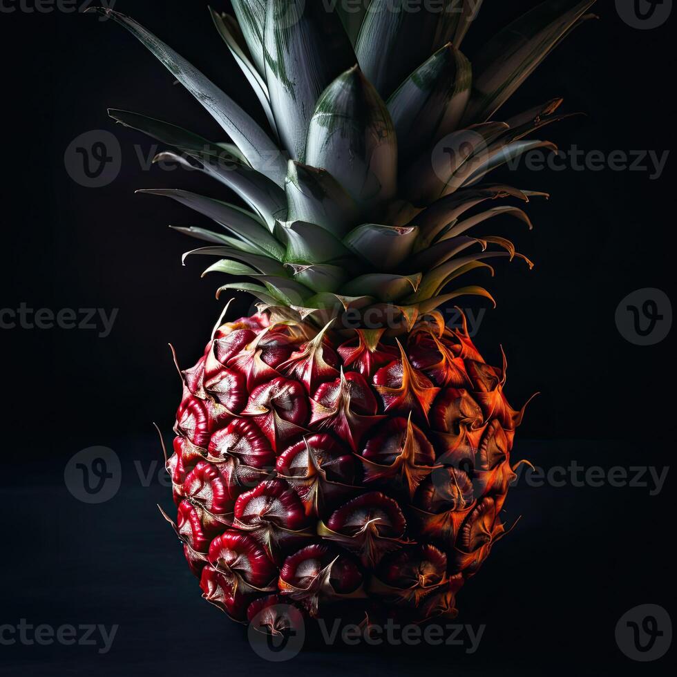 frappant la photographie de délicieux mûr ananas sur foncé arrière-plan, génératif ai. photo