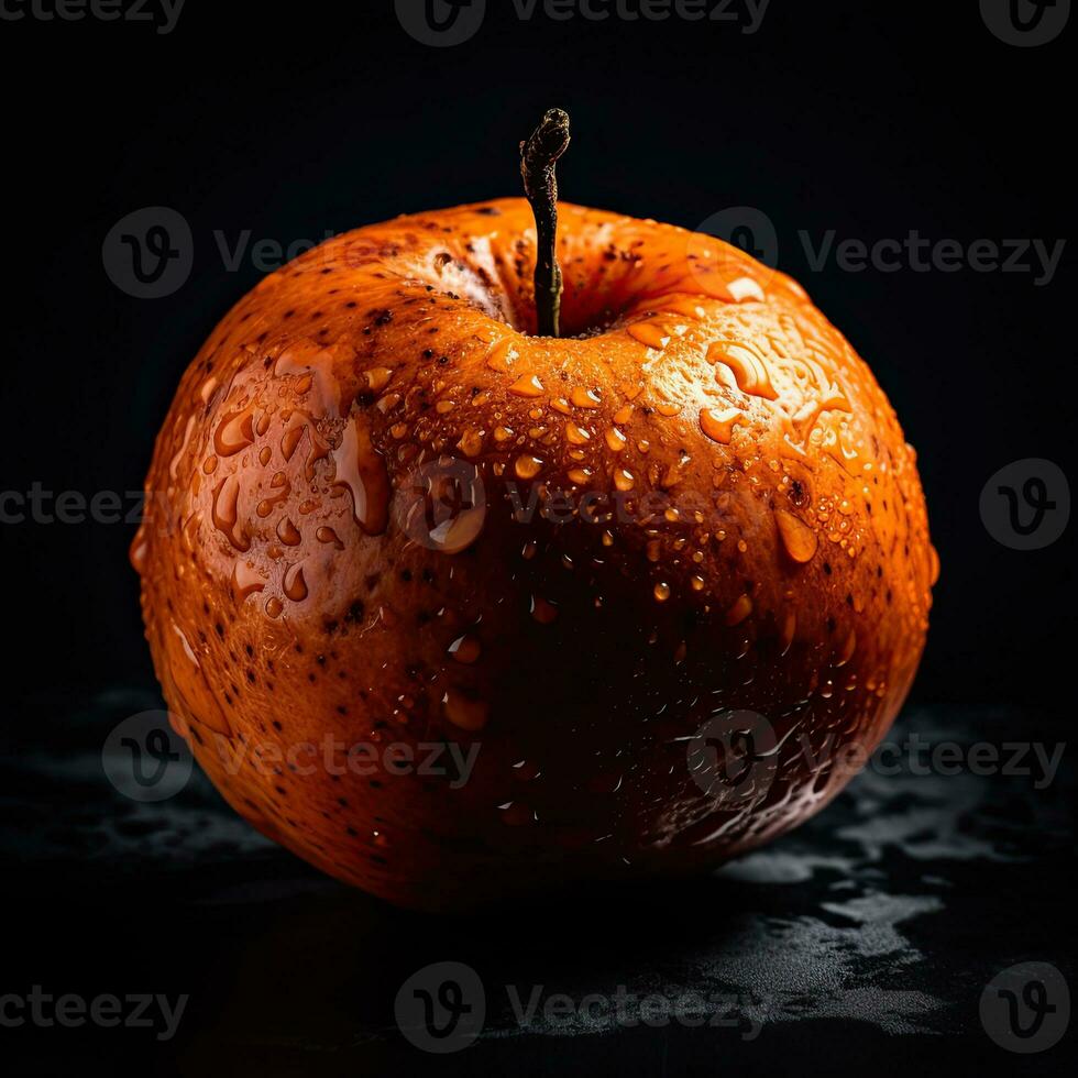 frappant la photographie de juteux Orange avec l'eau gouttes sur foncé arrière-plan, génératif ai. photo
